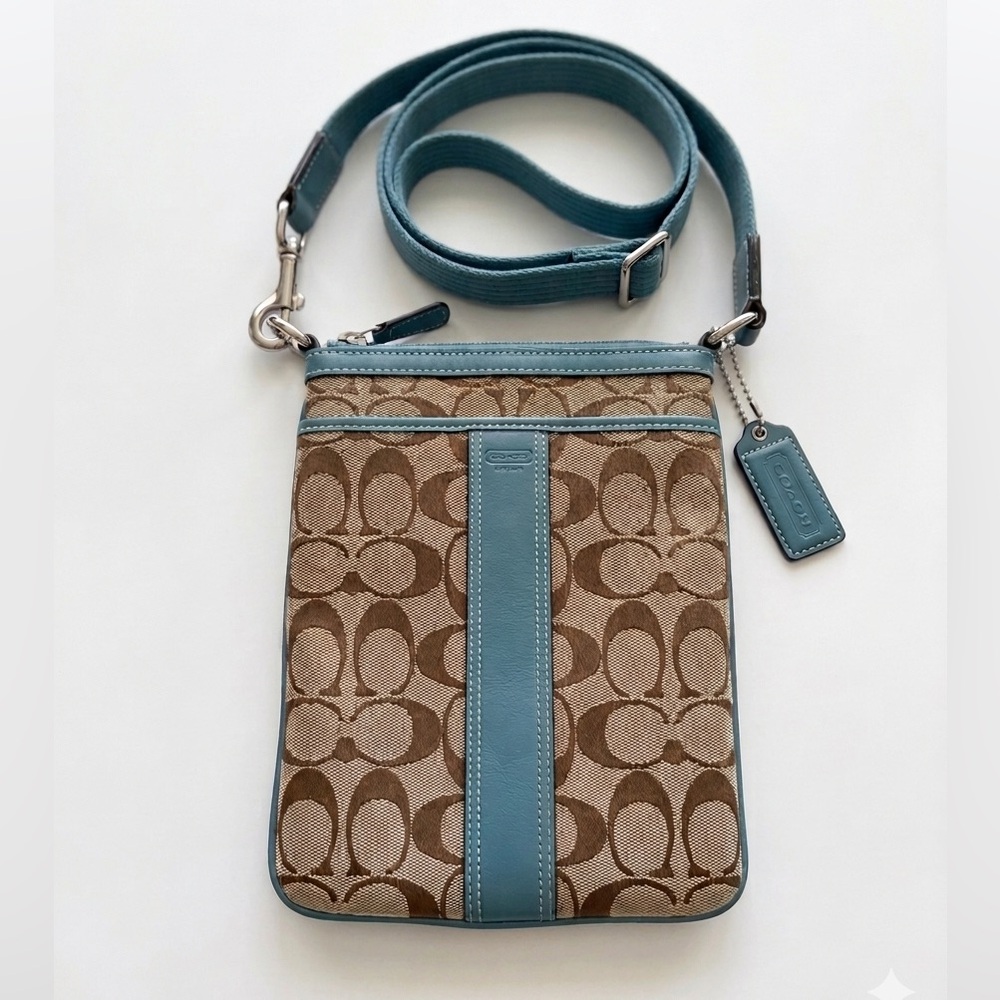 COACH Signature Canvas Crossbody Bag Blue Leather Trim Adjustable Strap Y2K Fall